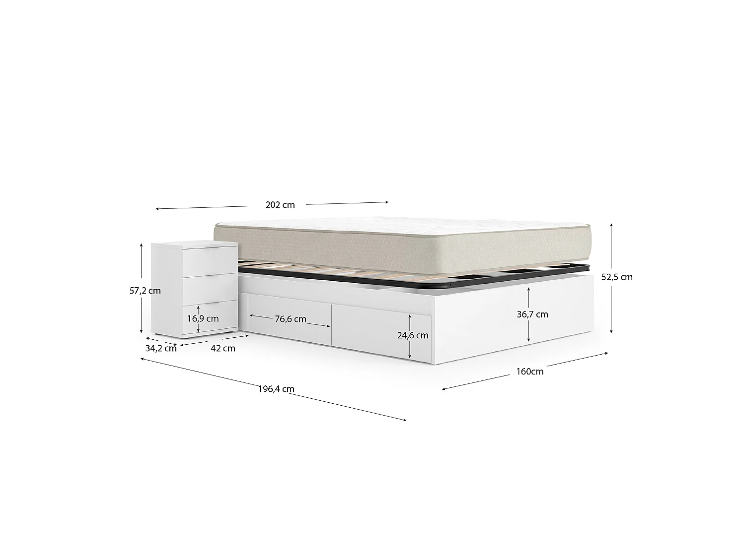 Pack ahorro matrimonio Cama compacta, 2 Mesitas de noche, Colchón viscoelástico Nova Plus y Somier 150 x 190 cm