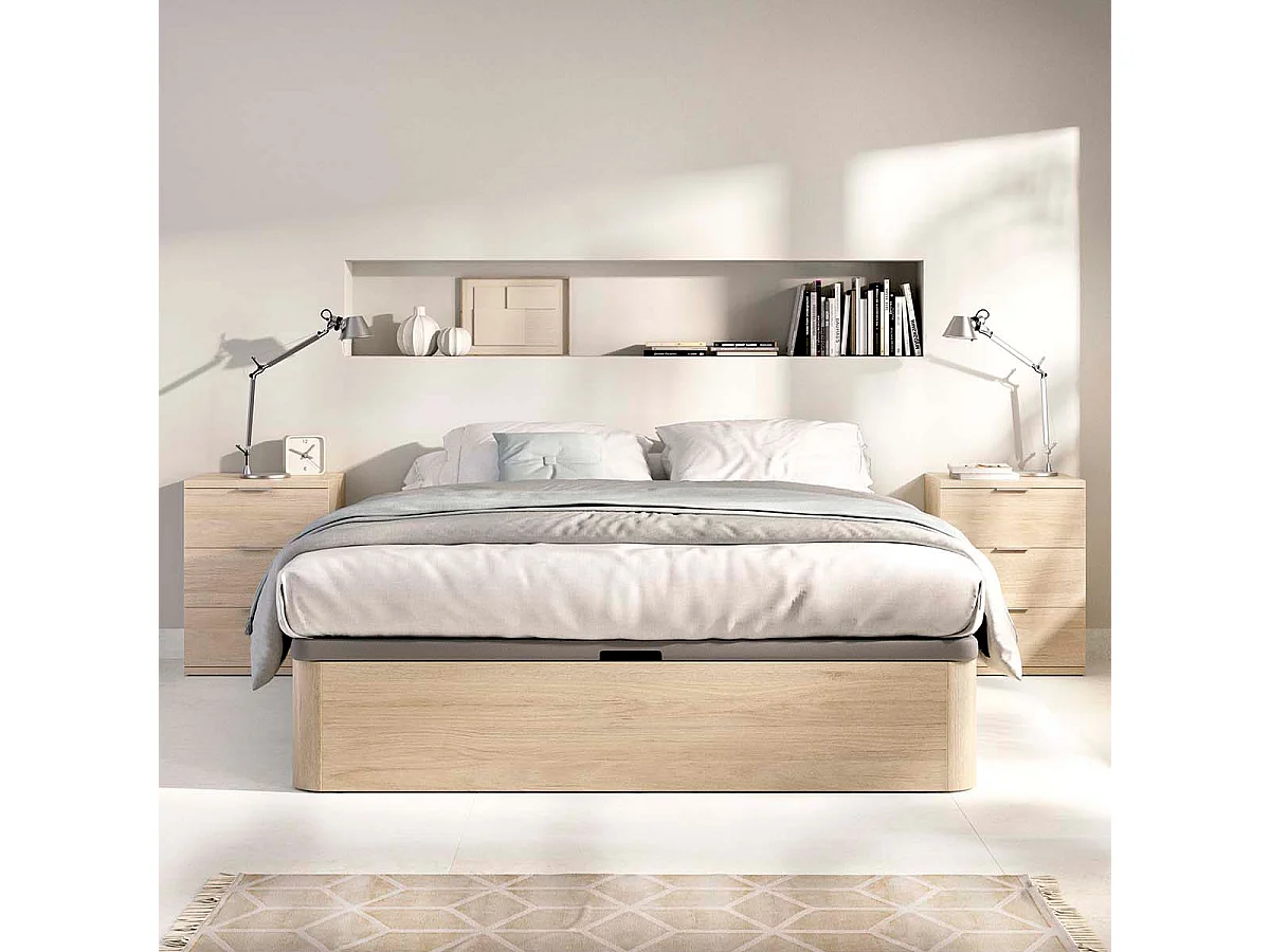Pack ahorro matrimonio Canapé Round Roble con Colchón viscoelástico Nova Plus 150 x 190 cm y 2 Mesitas de noche Rio| Montaje Incluido (Solo canapé)