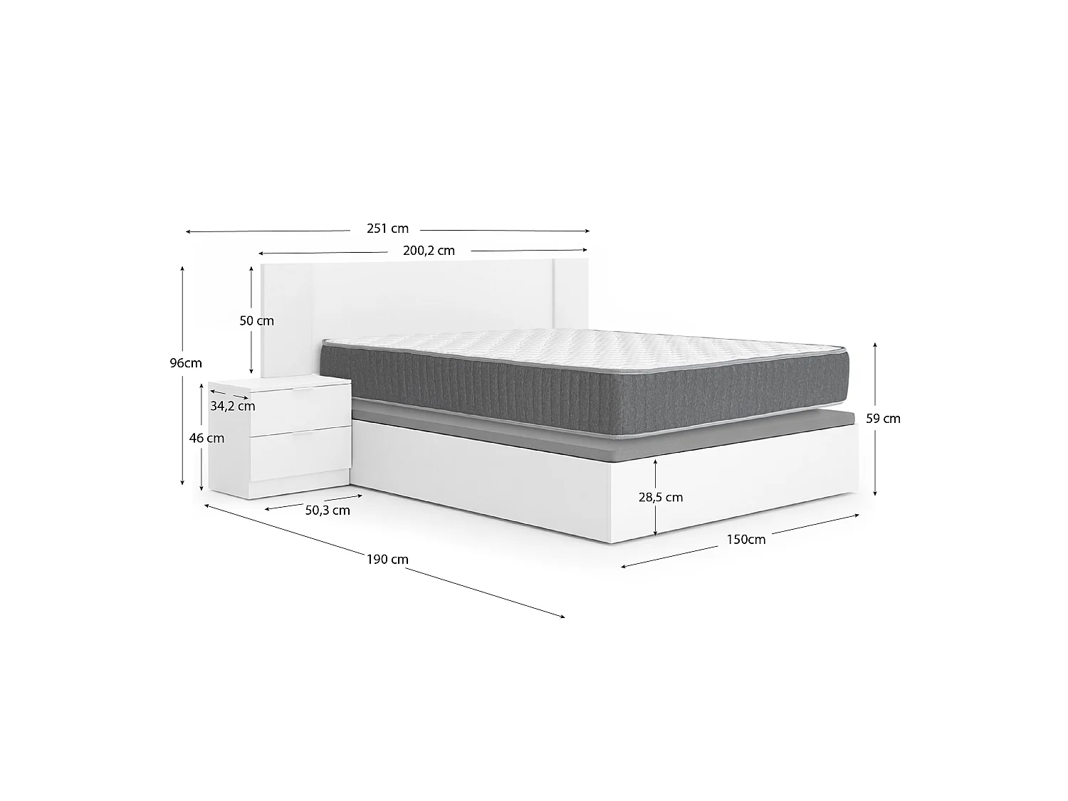 Pack ahorro matrimonio Cabecero con dos Mesitas Len, Canapé abatible con Colchón Aurea 150 x 190 cm | Montaje incluido (Solo canapé)