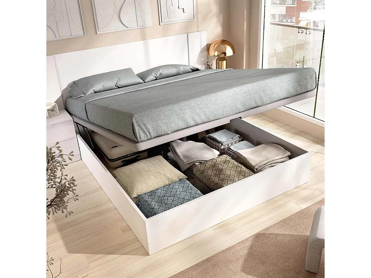 Pack ahorro matrimonio Cabecero con dos Mesitas Len, Canapé abatible con Colchón Aurea 150 x 190 cm | Montaje incluido (Solo canapé)