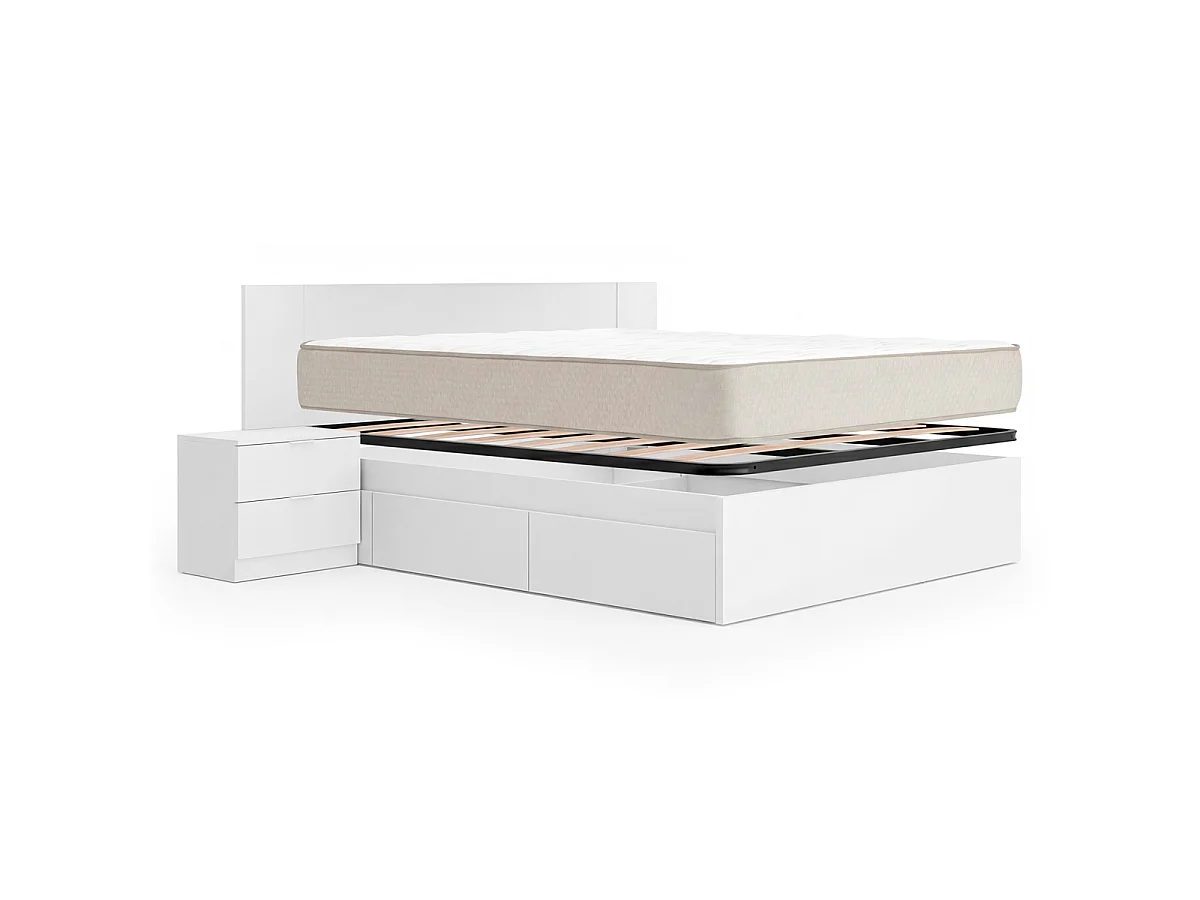 Pack ahorro matrimonio Cama compacta, Cabecero y 2 Mesitas Len, Colchón viscoelástico Nova Plus y Somier 150 x 190 cm