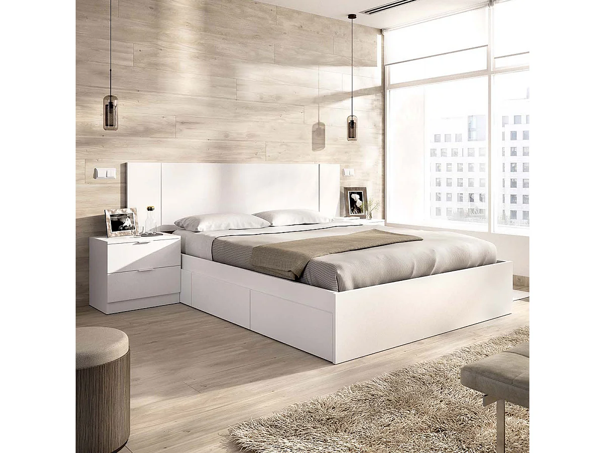 Pack ahorro matrimonio Cama compacta, Cabecero y 2 Mesitas Len, Colchón viscoelástico Nova Plus y Somier 150 x 190 cm