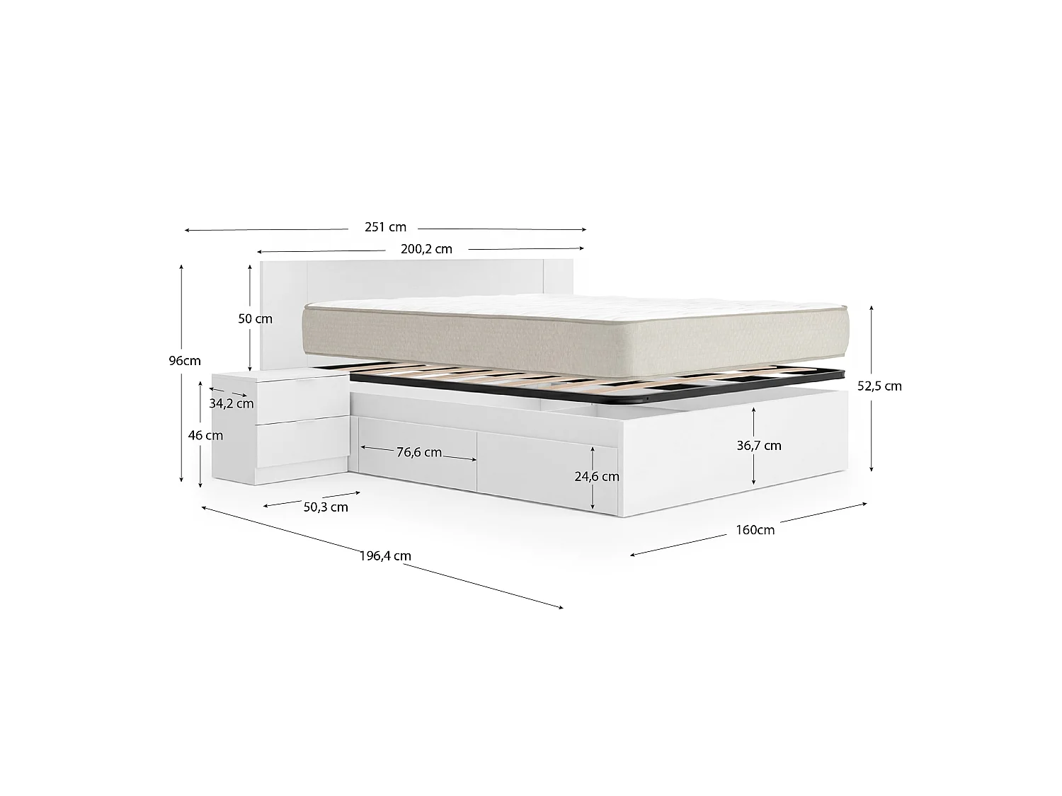 Pack ahorro matrimonio Cama compacta, Cabecero y 2 Mesitas Len, Colchón viscoelástico Nova Plus y Somier 150 x 190 cm