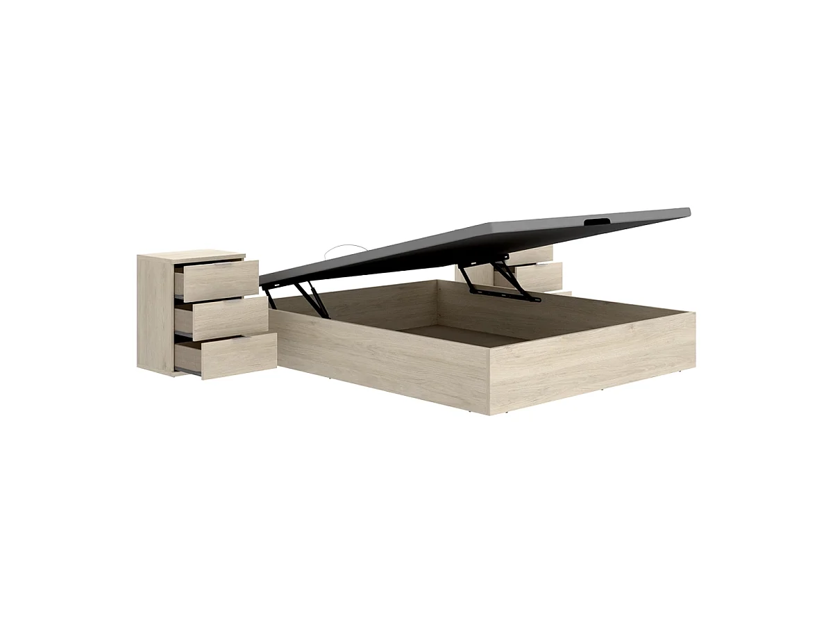 Pack ahorro matrimonio Canapé Nest Roble con Colchón viscoelástico Nova Plus 150 x 190 cm y 2 Mesitas de noche Rio| Montaje Incluido (Solo canapé)