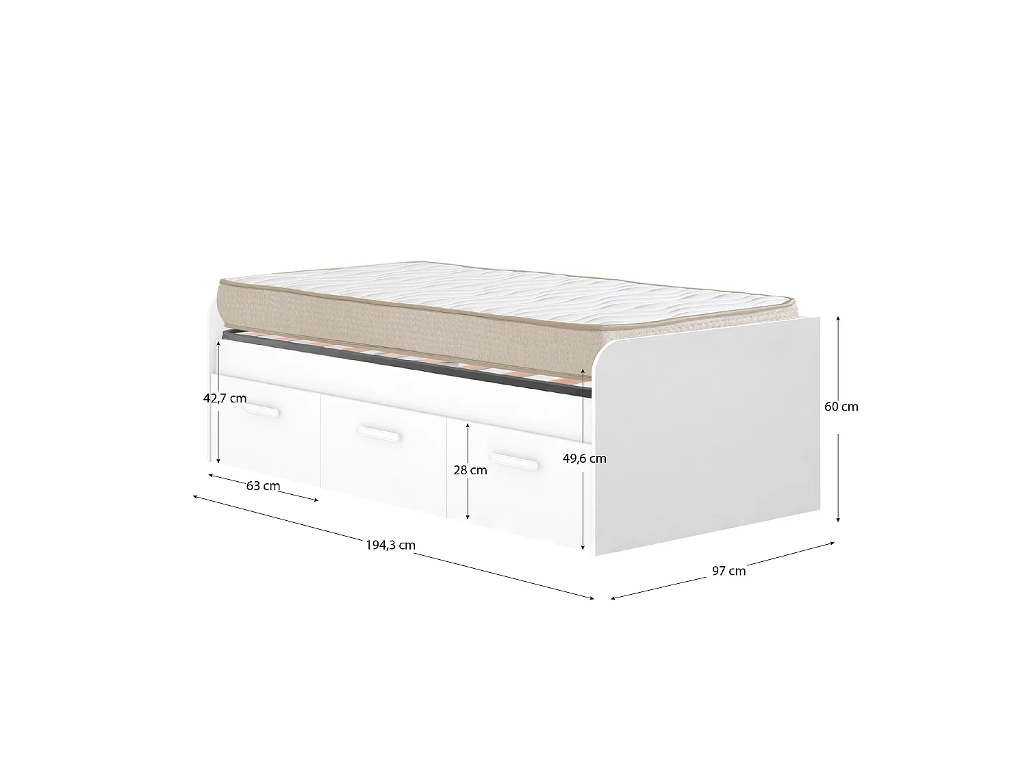 Pack ahorro juvenil Cama Mek con cajones, Colchón viscoelástico Nova y Somier 90 x 190 cm | Subida a domicilio