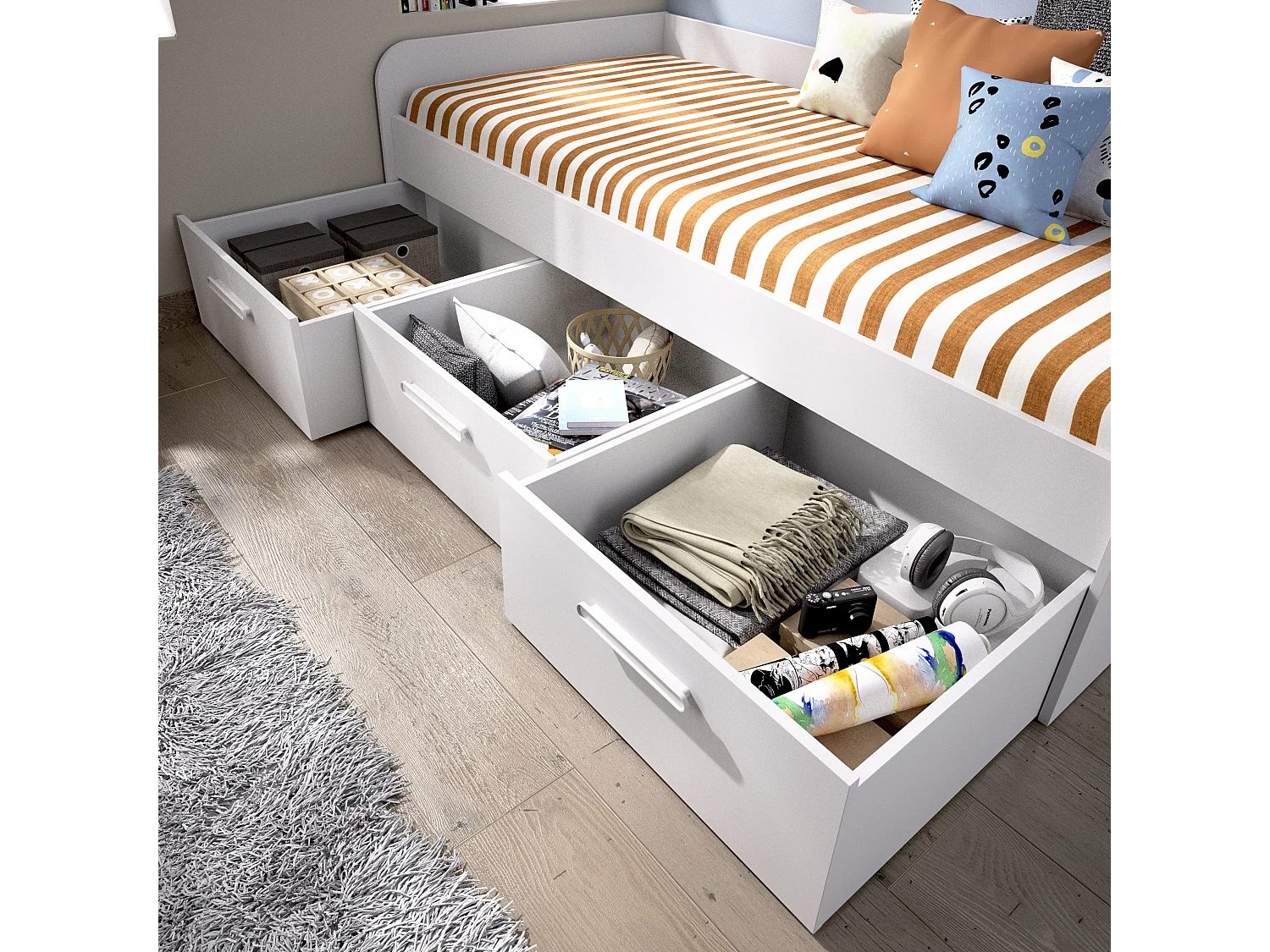 Pack ahorro juvenil Cama Mek con cajones, Colchón viscoelástico Nova y Somier 90 x 190 cm | Subida a domicilio