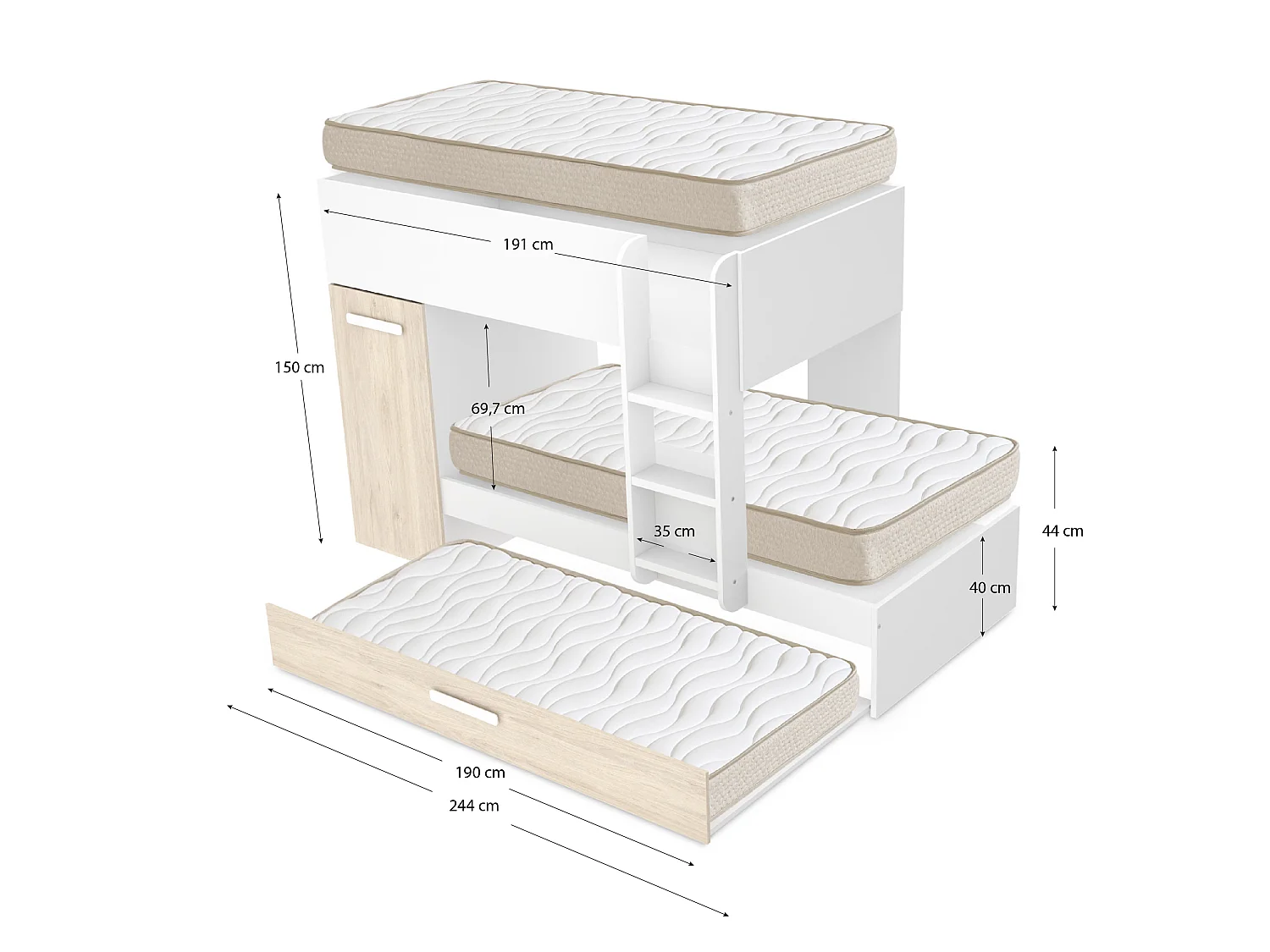 Pack ahorro juvenil Cama tren triple Tom con 3 Colchones viscoelásticos Nova 90 x 190 cm | Subida a domicilio