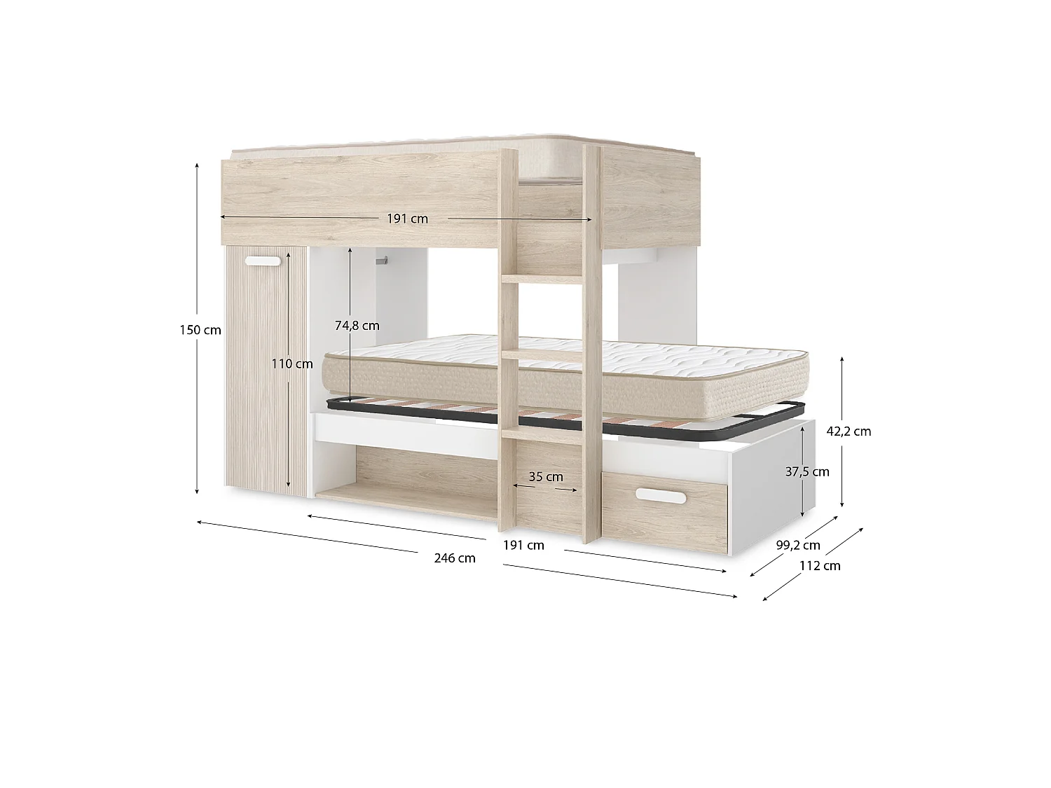 Pack ahorro juvenil Cama tren Kos, 1 Somier y 2 Colchones viscoelásticos Nova 90 x 190 cm | Subida a domicilio