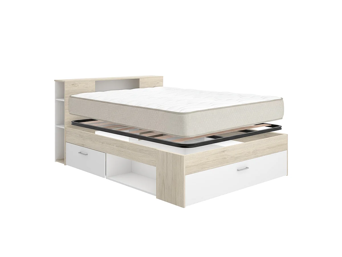 Pack ahorro matrimonio Cama Lanka Blanco/Roble con cabecero, Colchón Nova Plus y Somier 135 x 190 cm