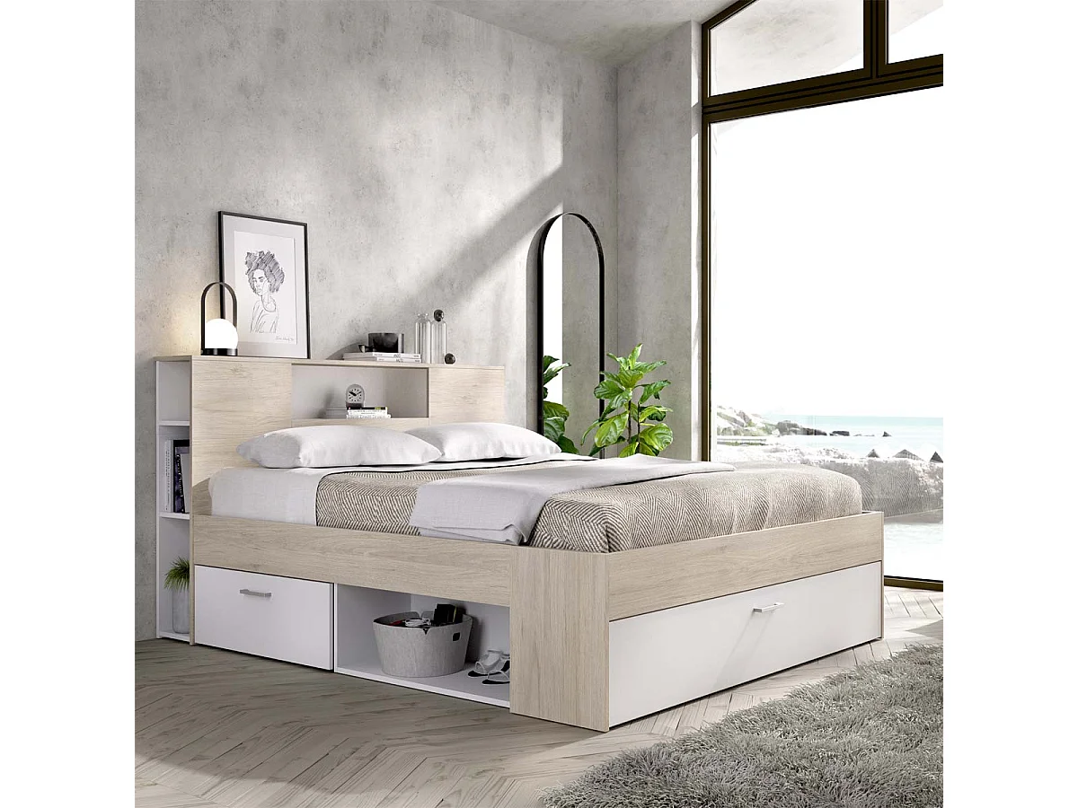 Pack ahorro matrimonio Cama Lanka Blanco/Roble con cabecero, Colchón Nova Plus y Somier 135 x 190 cm