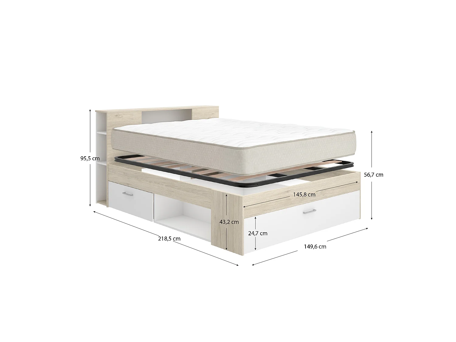 Pack ahorro matrimonio Cama Lanka Blanco/Roble con cabecero, Colchón Nova Plus y Somier 135 x 190 cm