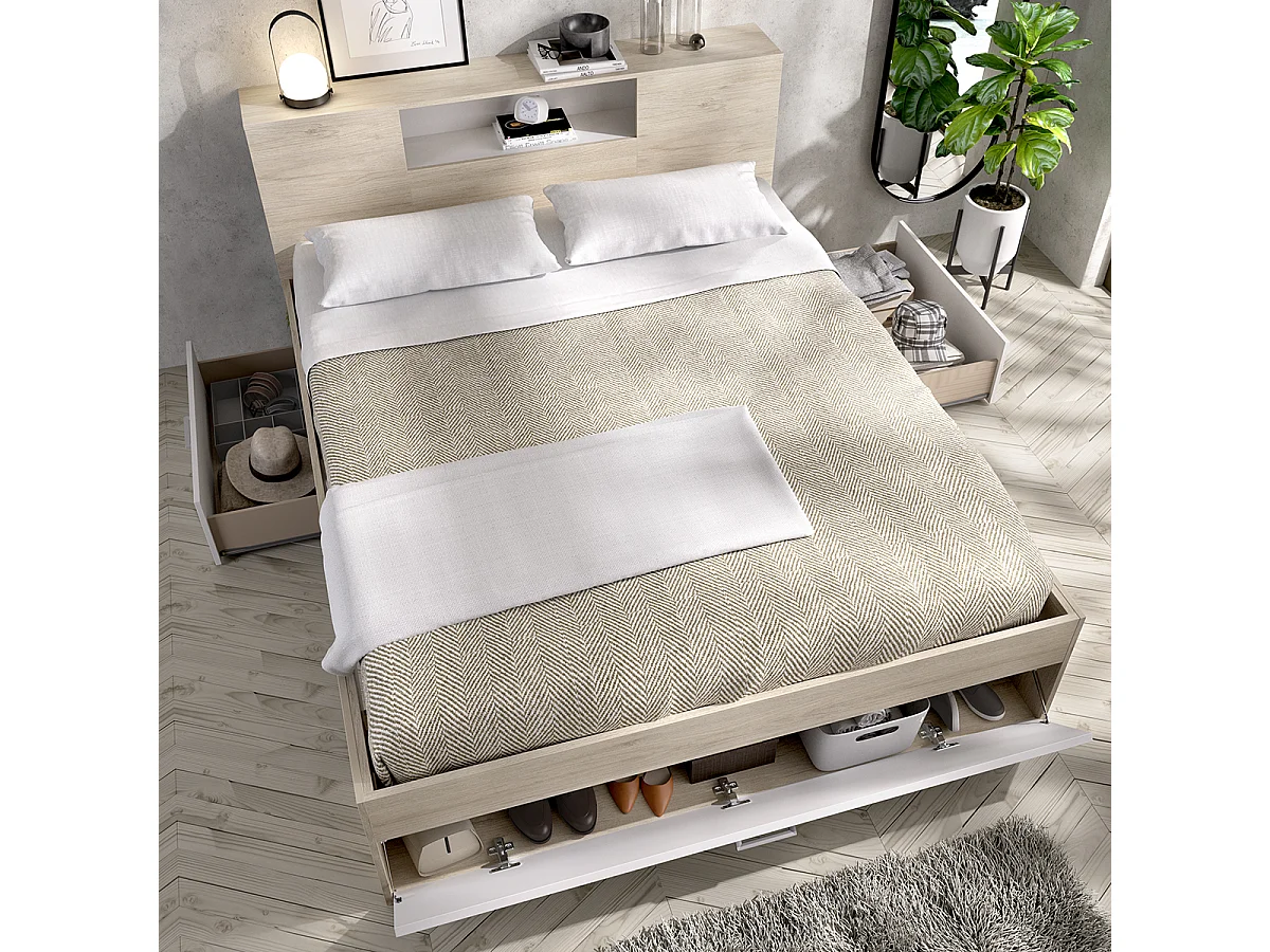 Pack ahorro matrimonio Cama Lanka Blanco/Roble con cabecero, Colchón Nova Plus y Somier 135 x 190 cm