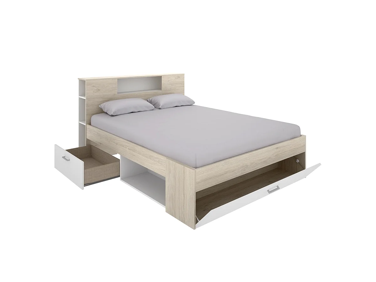 Pack ahorro matrimonio Cama Lanka Blanco/Roble con cabecero, Colchón Nova Plus y Somier 135 x 190 cm