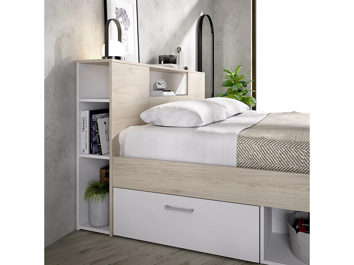 Pack ahorro matrimonio Cama Lanka Blanco/Roble con cabecero, Colchón Nova Plus y Somier 135 x 190 cm