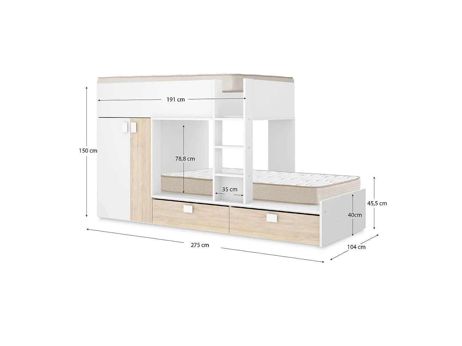 Pack ahorro juvenil Cama tren Matt con 2 Colchones viscoelásticos Nova 90 x 190 cm | Subida a domicilio