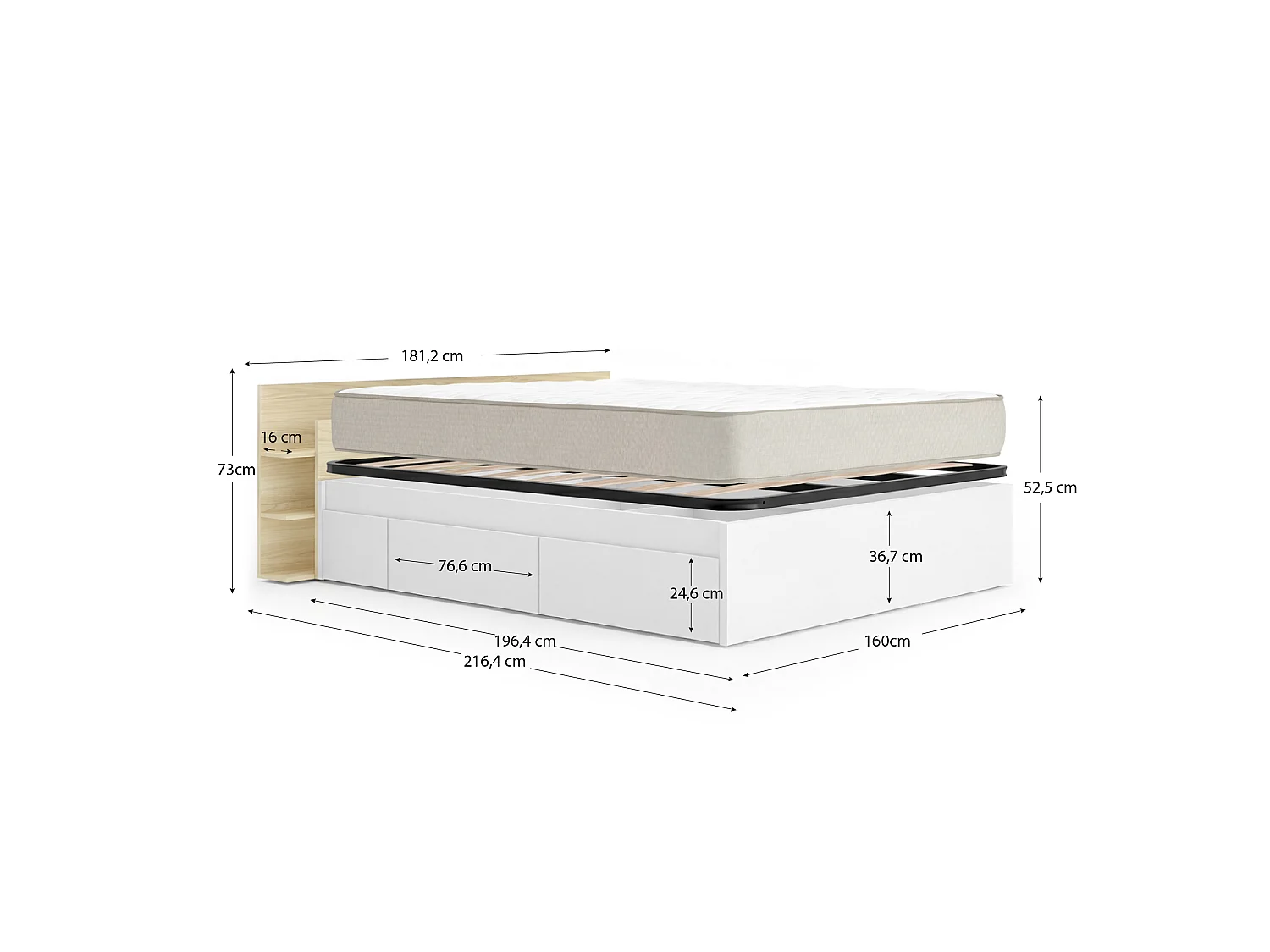 Pack ahorro matrimonio Cama compacta, Cabecero Tori, Colchón viscoelástico Nova Plus y Somier 150 x 190 cm
