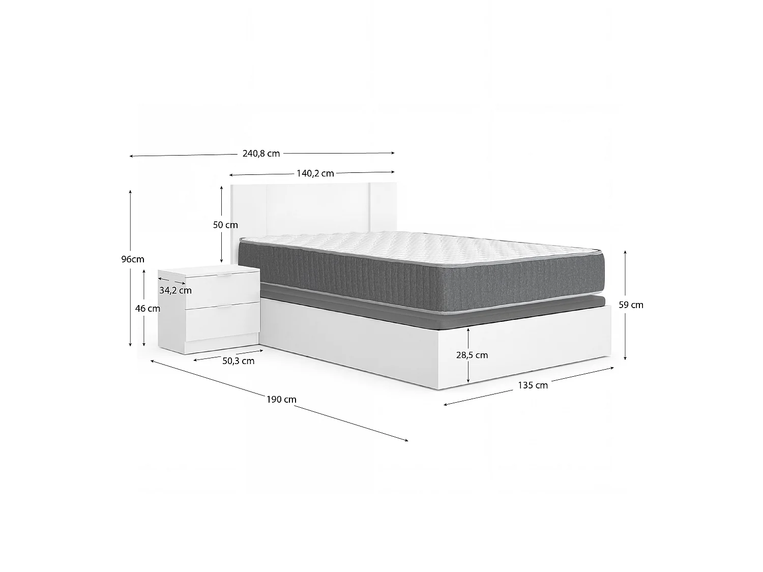 Pack ahorro matrimonio Canapé, Cabecero con 2 Mesitas Flow y Colchón viscoelástico y muelles Aurea 135 x 190 cm| Montaje Incluido (Solo canapé)