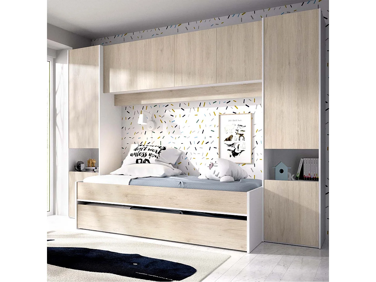 Pack ahorro juvenil Dormitorio puente Kwai, 1 Somier y 2 Colchones viscoelásticos Nova 90 x 190 cm | Subida a domicilio