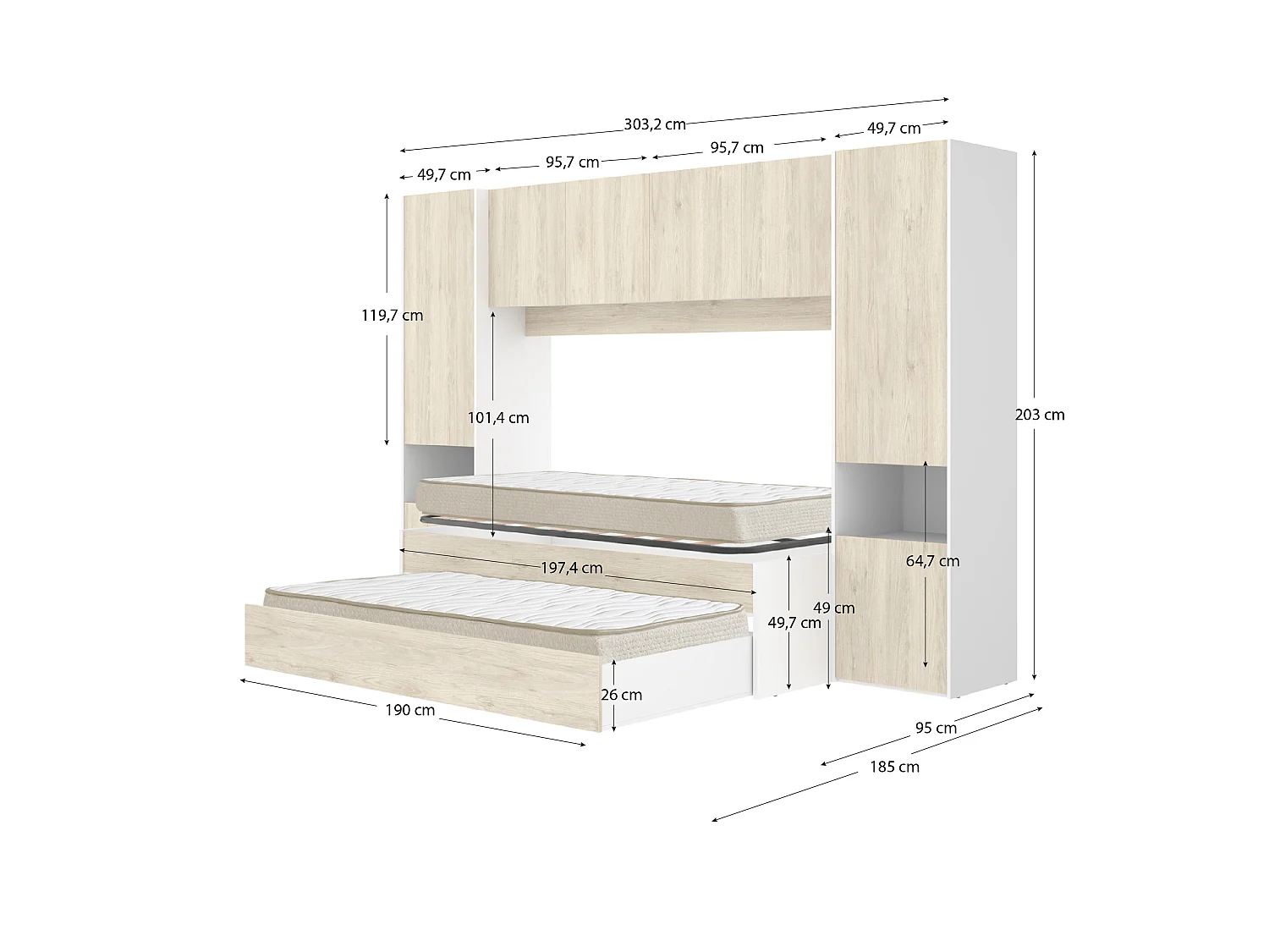Pack ahorro juvenil Dormitorio puente Kwai, 1 Somier y 2 Colchones viscoelásticos Nova 90 x 190 cm | Subida a domicilio
