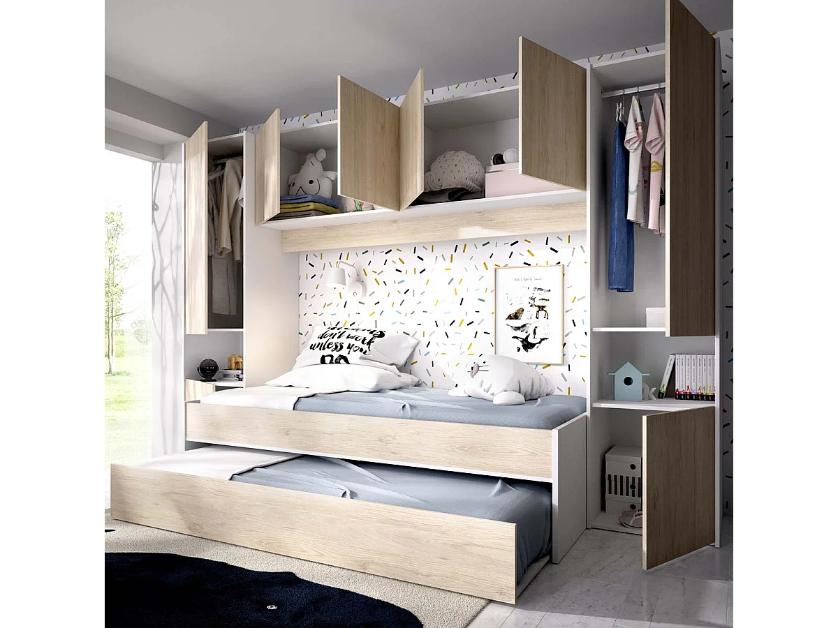 Pack ahorro juvenil Dormitorio puente Kwai, 1 Somier y 2 Colchones viscoelásticos Nova 90 x 190 cm | Subida a domicilio