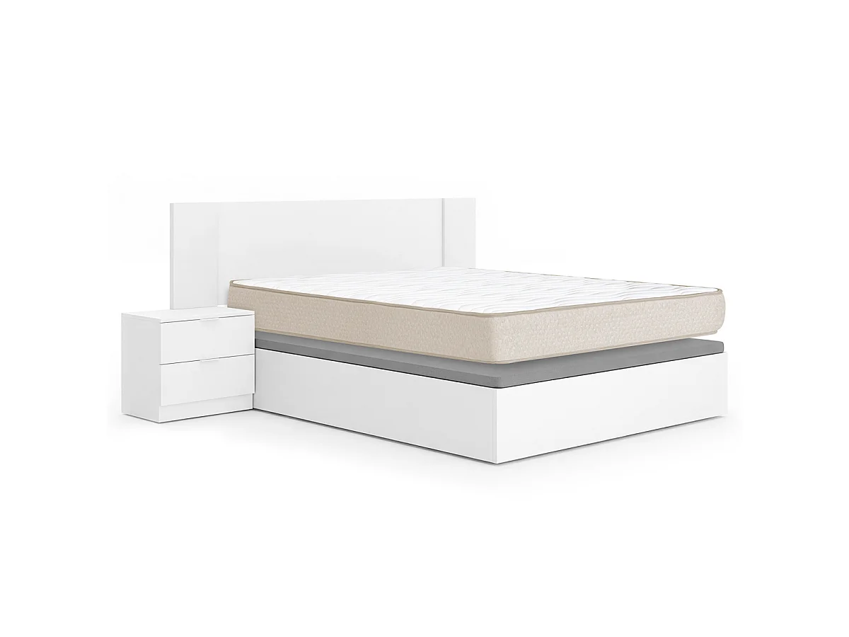 Pack ahorro matrimonio Cabecero con dos Mesitas Len, Canapé abatible con Colchón Nova plus 150 x 190 cm