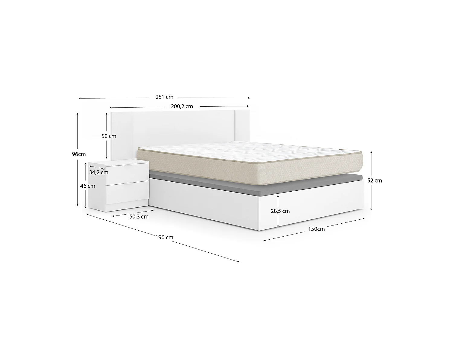 Pack ahorro matrimonio Cabecero con dos Mesitas Len, Canapé abatible con Colchón Nova plus 150 x 190 cm