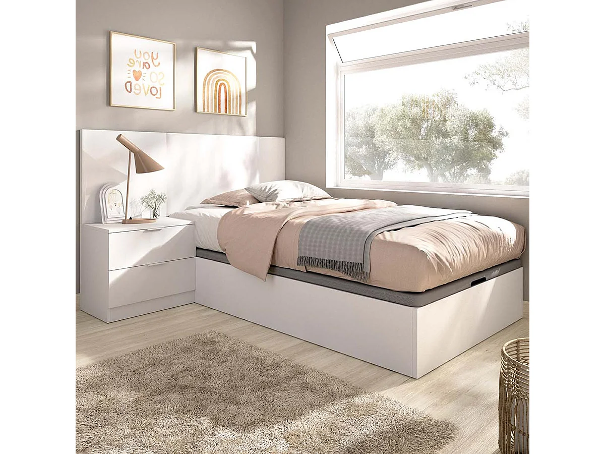 Pack ahorro juvenil Canapé con Cabecero y una Mesita Flow, y Colchón viscoelástico Nova de 90 x 190 cm | Montaje Incluido (Solo canapé)
