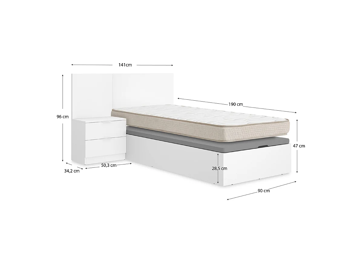 Pack ahorro juvenil Canapé con Cabecero y una Mesita Flow, y Colchón viscoelástico Nova de 90 x 190 cm | Montaje Incluido (Solo canapé)