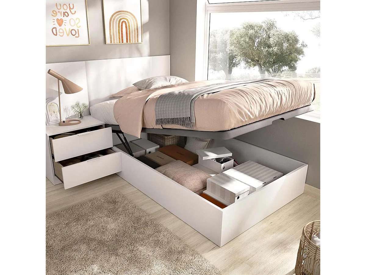 Pack ahorro juvenil Canapé con Cabecero y una Mesita Flow, y Colchón viscoelástico Nova de 90 x 190 cm | Montaje Incluido (Solo canapé)