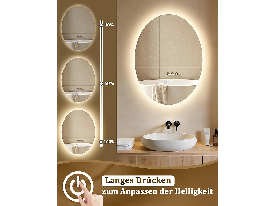 Nettlife Miroir de Salle de Bain Ovale LED 60 × 80 cm, Tactile, Antibuée, Dimmable 3000-6500 K, IP44, Mural. Miroir Lumineux Design., Intensité lumineuse réglable