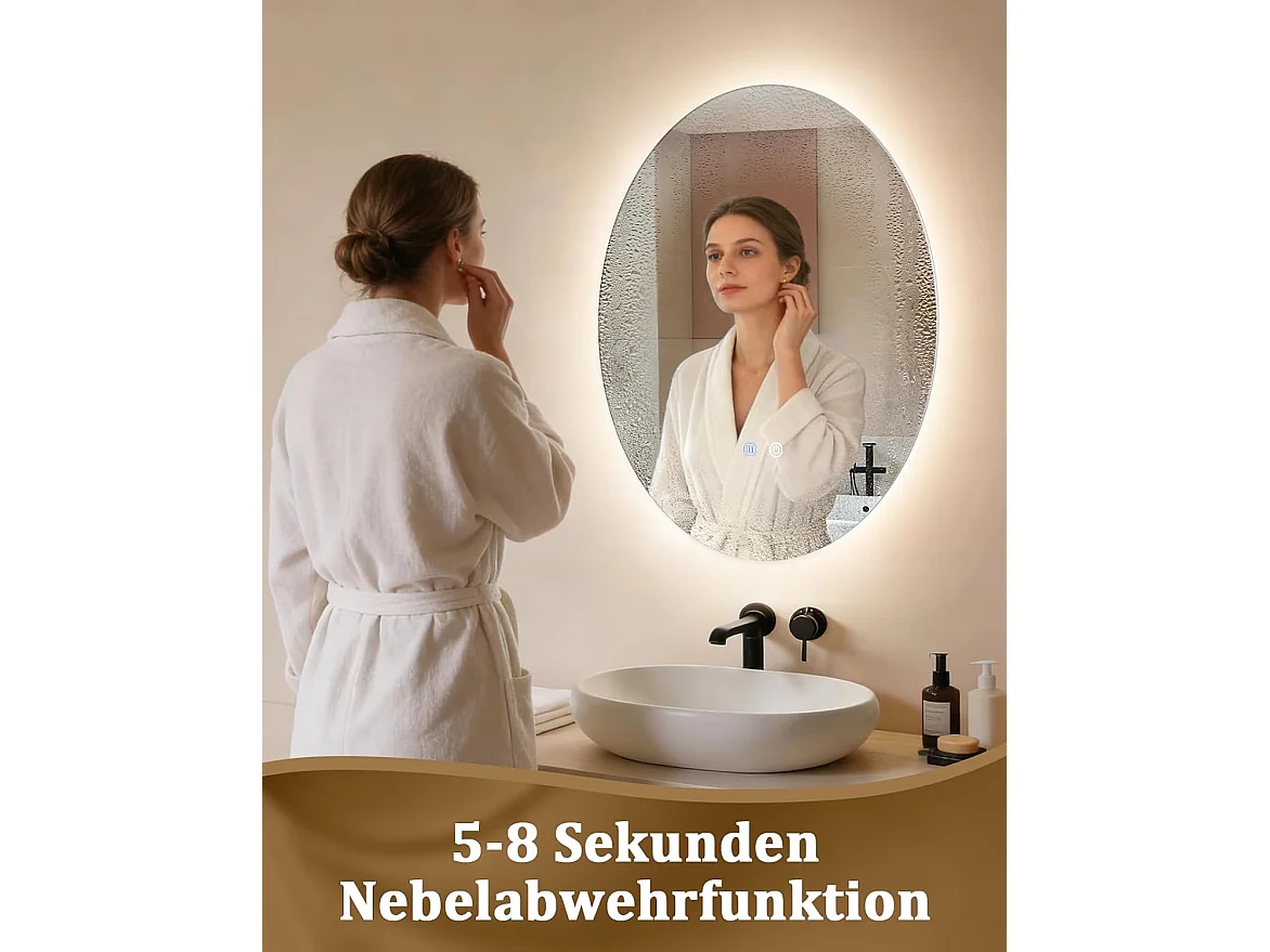Nettlife Miroir de Salle de Bain Ovale LED 60 × 80 cm, Tactile, Antibuée, Dimmable 3000-6500 K, IP44, Mural. Miroir Lumineux Design., Intensité lumineuse réglable
