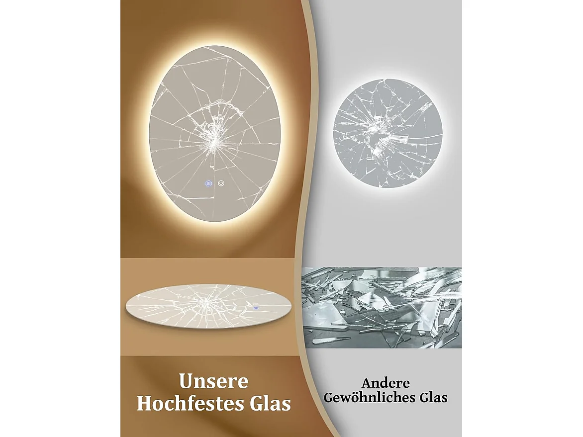 Nettlife Miroir de Salle de Bain Ovale LED 60 × 80 cm, Tactile, Antibuée, Dimmable 3000-6500 K, IP44, Mural. Miroir Lumineux Design., Intensité lumineuse réglable