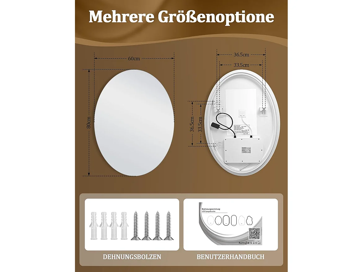 Nettlife Miroir de Salle de Bain Ovale LED 60 × 80 cm, Tactile, Antibuée, Dimmable 3000-6500 K, IP44, Mural. Miroir Lumineux Design., Intensité lumineuse réglable