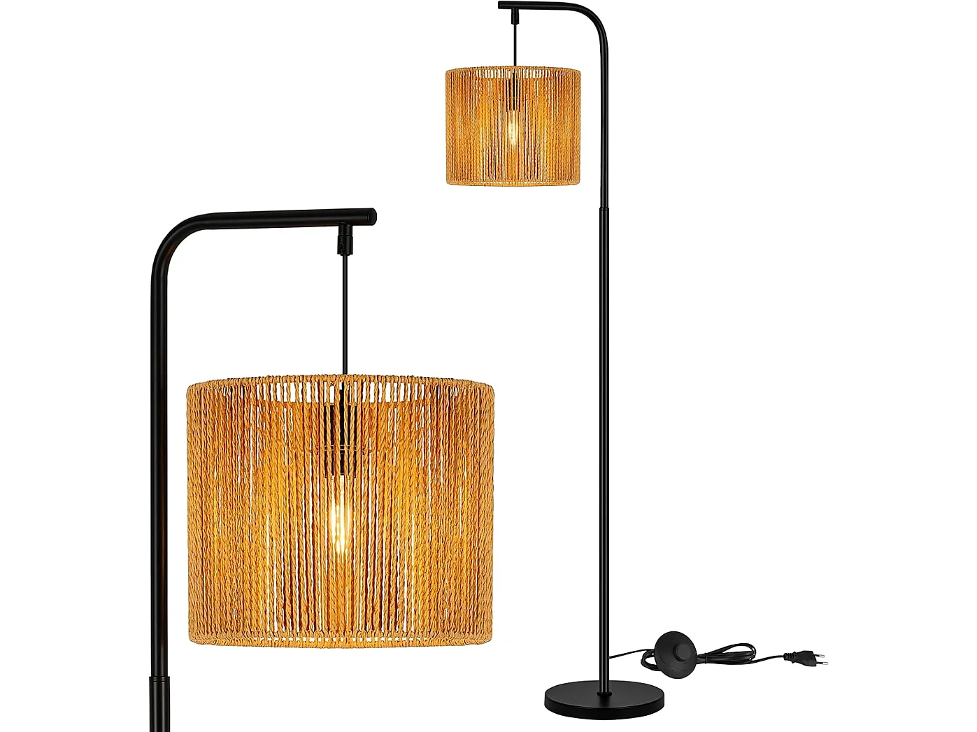 Nettlife Boho Schwarze Bogenstehlampe mit Seilschirm, Vintage-E27-Fassung, Fußschalter, 164 cm, für Wohnzimmer, Schlafzimmer, Terrasse, Büro