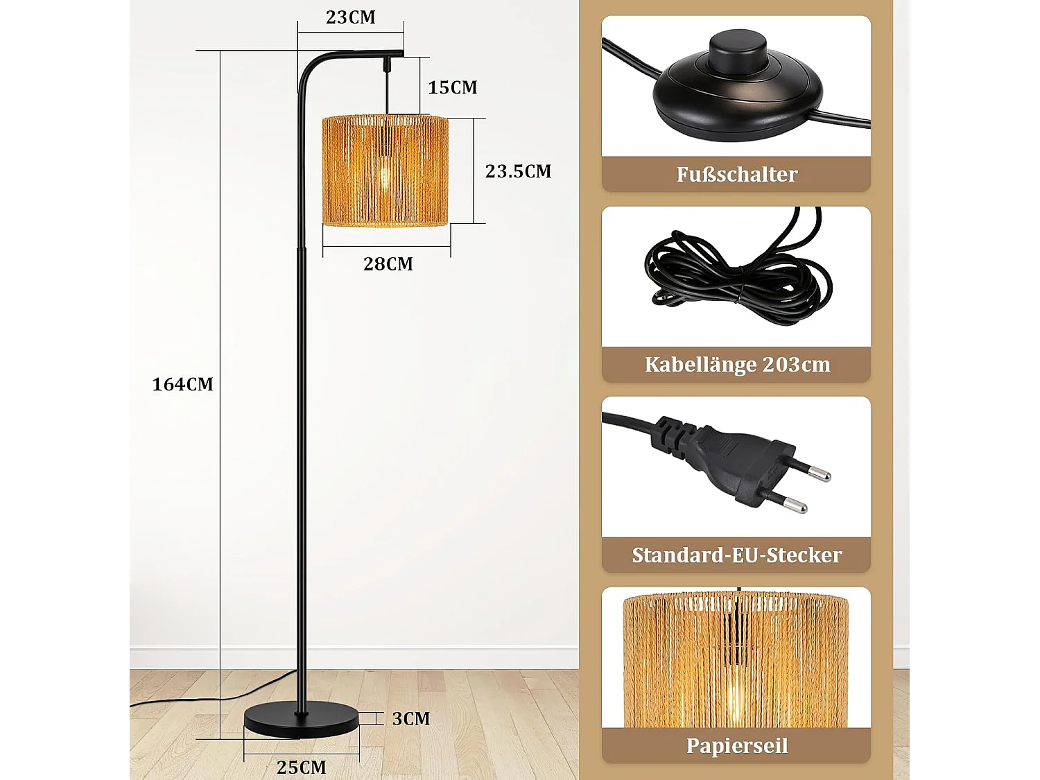 Nettlife Boho Schwarze Bogenstehlampe mit Seilschirm, Vintage-E27-Fassung, Fußschalter, 164 cm, für Wohnzimmer, Schlafzimmer, Terrasse, Büro
