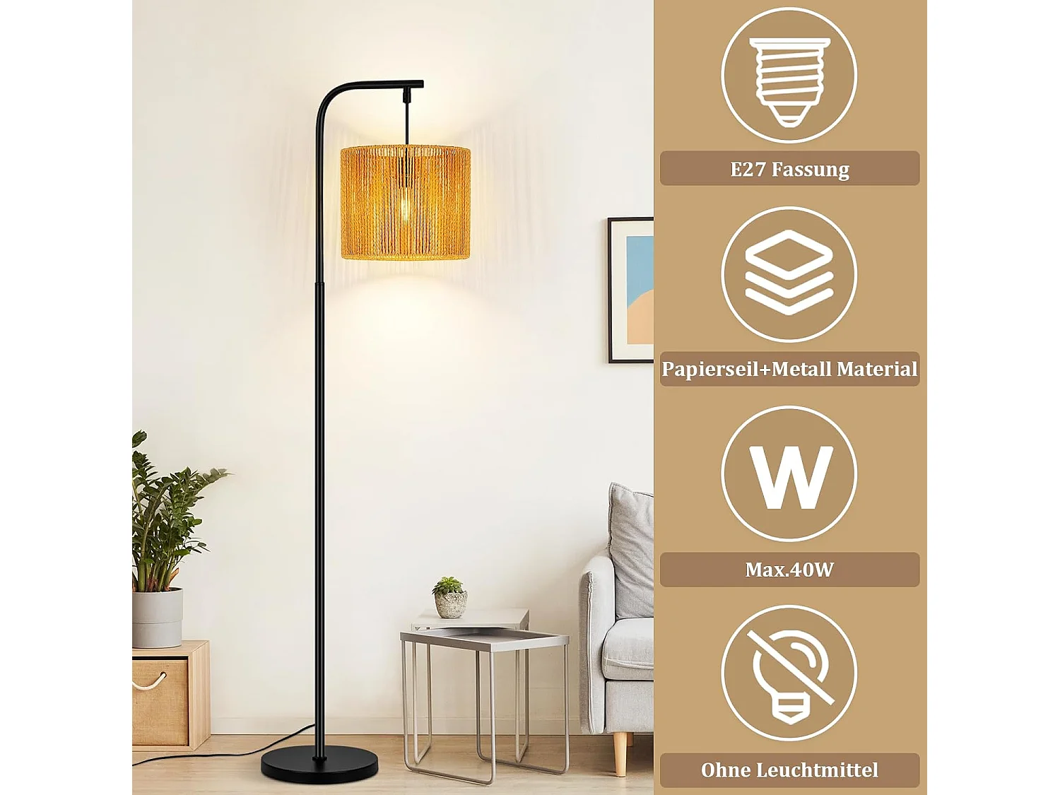 Nettlife Boho Schwarze Bogenstehlampe mit Seilschirm, Vintage-E27-Fassung, Fußschalter, 164 cm, für Wohnzimmer, Schlafzimmer, Terrasse, Büro