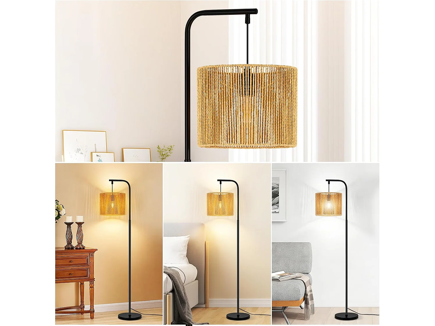 Nettlife Boho Schwarze Bogenstehlampe mit Seilschirm, Vintage-E27-Fassung, Fußschalter, 164 cm, für Wohnzimmer, Schlafzimmer, Terrasse, Büro