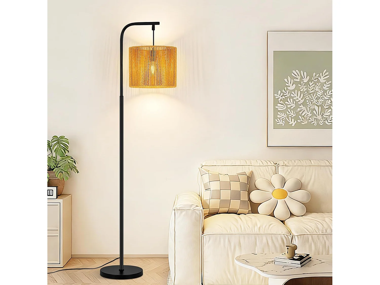 Nettlife Boho Schwarze Bogenstehlampe mit Seilschirm, Vintage-E27-Fassung, Fußschalter, 164 cm, für Wohnzimmer, Schlafzimmer, Terrasse, Büro