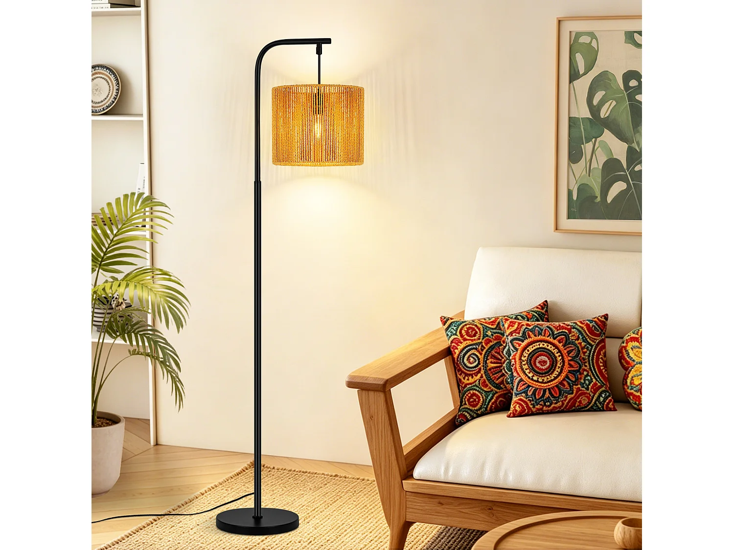 Nettlife Boho Schwarze Bogenstehlampe mit Seilschirm, Vintage-E27-Fassung, Fußschalter, 164 cm, für Wohnzimmer, Schlafzimmer, Terrasse, Büro