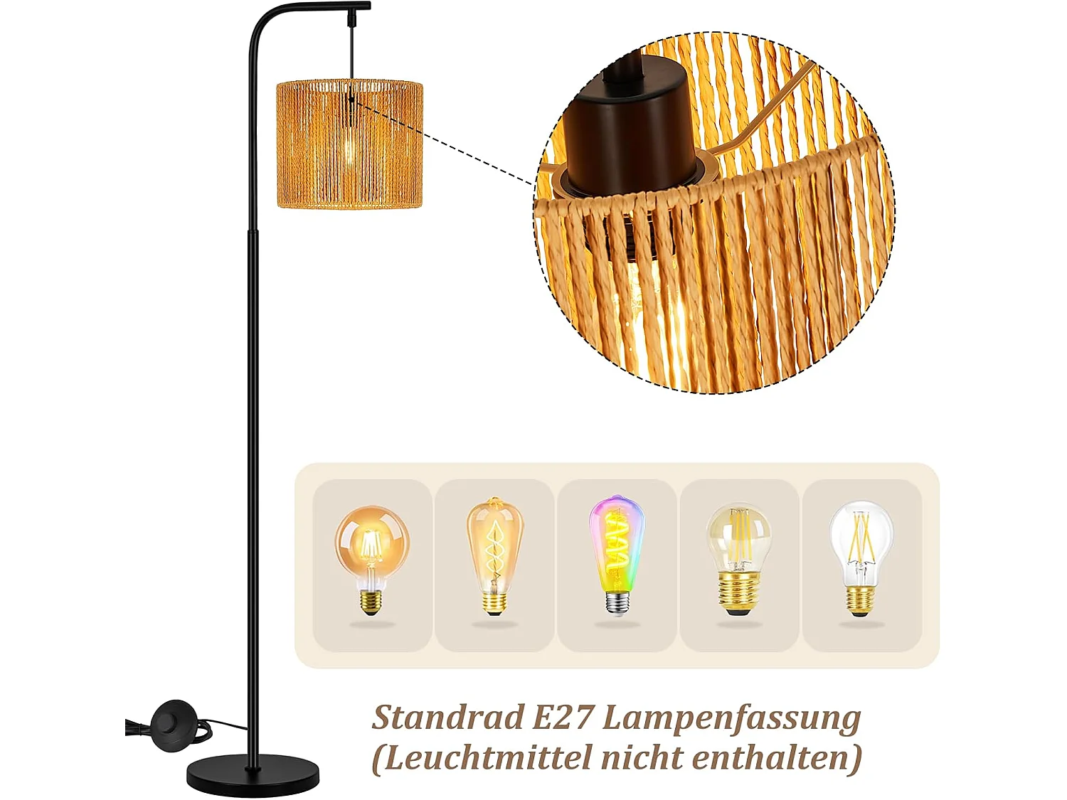 NETTLIFE Boho-Bogenstehlampe in Schwarz mit Seilschirm, Vintage-E27-Fassung, 164 cm, Fußschalter für Wohnzimmer, Schlafzimmer, Terrasse, Büro
