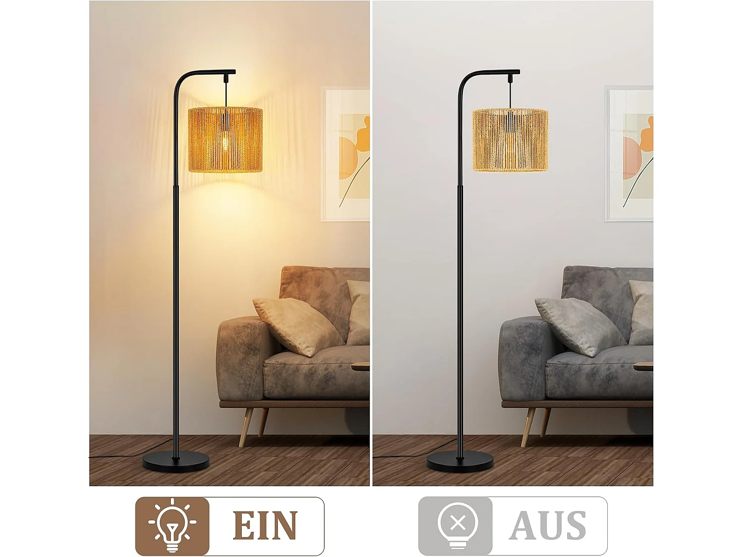 NETTLIFE Boho-Bogenstehlampe in Schwarz mit Seilschirm, Vintage-E27-Fassung, 164 cm, Fußschalter für Wohnzimmer, Schlafzimmer, Terrasse, Büro