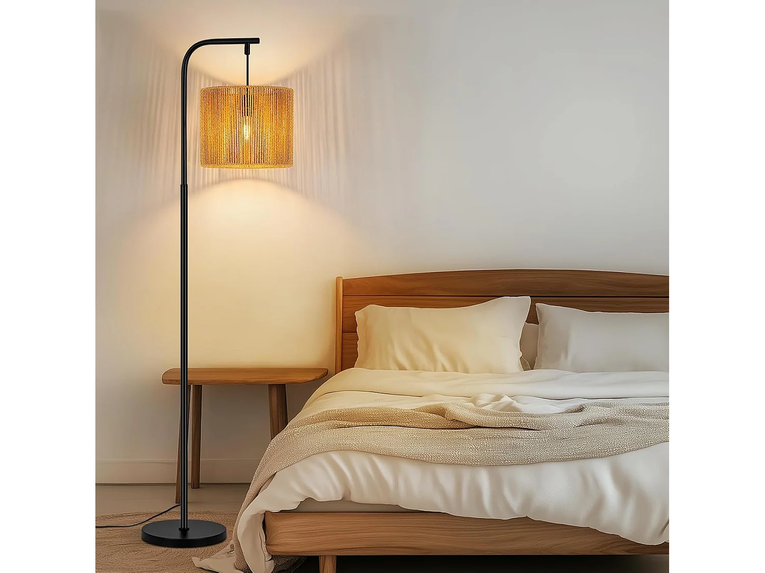 NETTLIFE Boho-Bogenstehlampe in Schwarz mit Seilschirm, Vintage-E27-Fassung, 164 cm, Fußschalter für Wohnzimmer, Schlafzimmer, Terrasse, Büro
