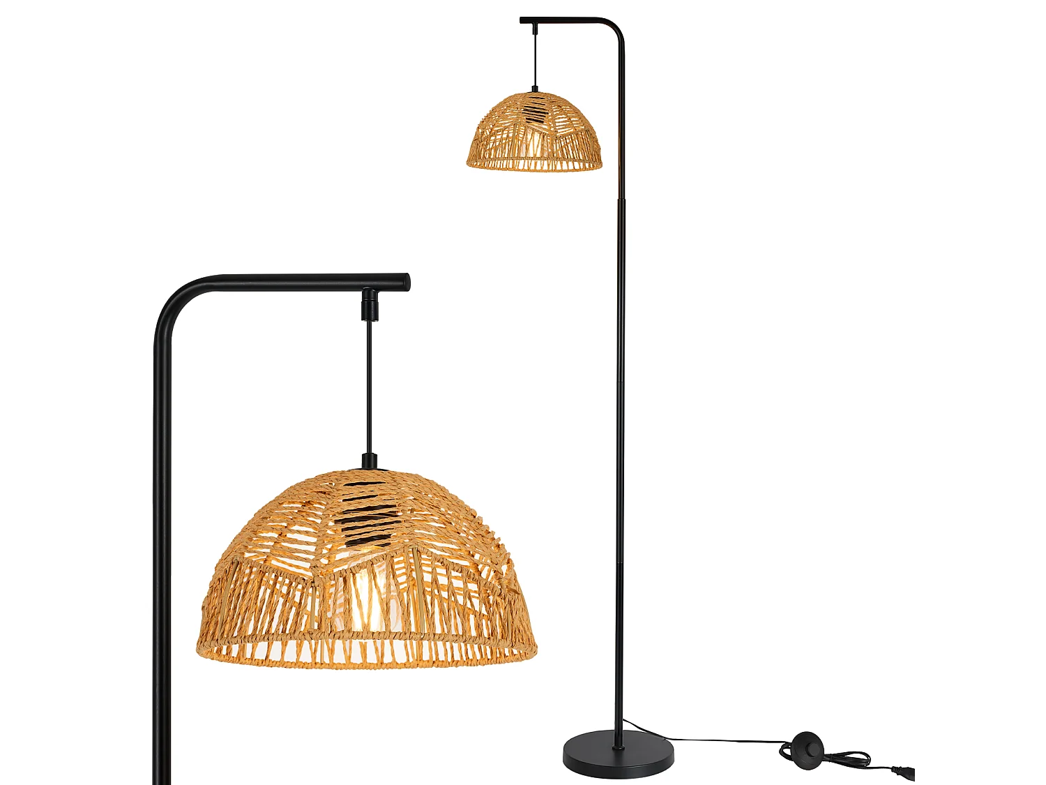 NETTLIFE Boho-Bogenstehlampe in Schwarz mit Seilschirm, Vintage-E27-Fassung, 164 cm, Fußschalter für Wohnzimmer, Schlafzimmer, Terrasse, Büro