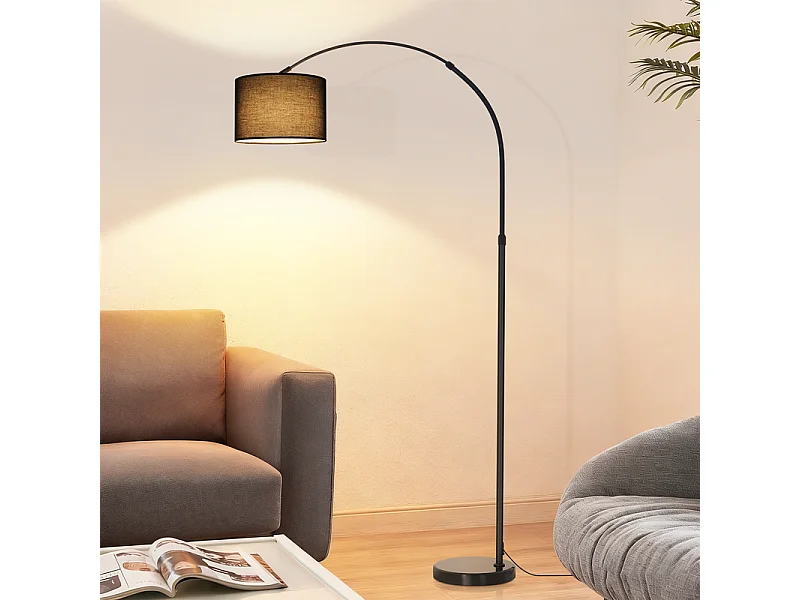 Lampa podłogowa Nettlife w kolorze matowej czerni z regulowanym kloszem z tkaniny (350°/90°), regulowana wysokość, podstawa 5 kg, żarówka E27 – salon, do czytania