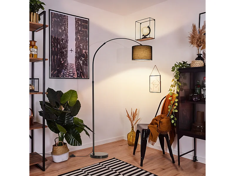Lampa podłogowa Nettlife w kolorze matowej czerni z regulowanym kloszem z tkaniny (350°/90°), regulowana wysokość, podstawa 5 kg, żarówka E27 – salon, do czytania