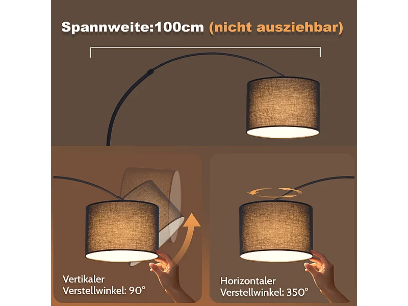 Lampa podłogowa Nettlife w kolorze matowej czerni z regulowanym kloszem z tkaniny (350°/90°), regulowana wysokość, podstawa 5 kg, żarówka E27 – salon, do czytania