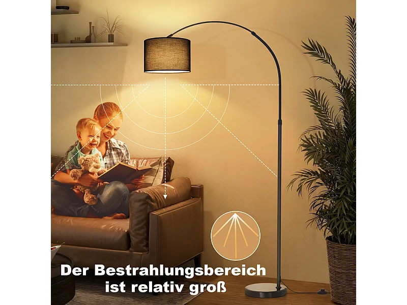 Lampa podłogowa Nettlife w kolorze matowej czerni z regulowanym kloszem z tkaniny (350°/90°), regulowana wysokość, podstawa 5 kg, żarówka E27 – salon, do czytania