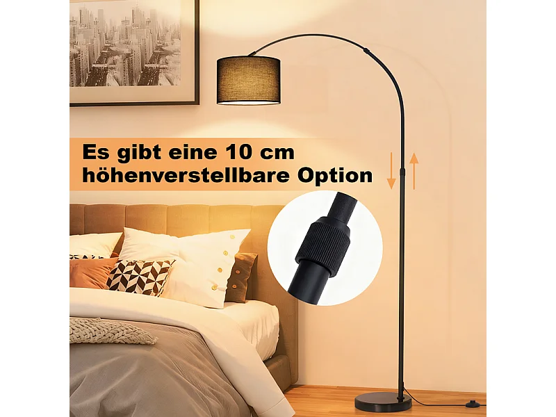 Lampa podłogowa Nettlife w kolorze matowej czerni z regulowanym kloszem z tkaniny (350°/90°), regulowana wysokość, podstawa 5 kg, żarówka E27 – salon, do czytania