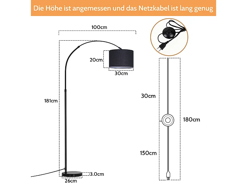 Lampa podłogowa Nettlife w kolorze matowej czerni z regulowanym kloszem z tkaniny (350°/90°), regulowana wysokość, podstawa 5 kg, żarówka E27 – salon, do czytania