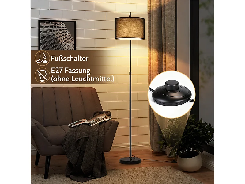 Lampa podłogowa Nettlife w kolorze matowej czerni z regulowanym kloszem z tkaniny (350°/90°), regulowana wysokość, podstawa 5 kg, żarówka E27 – salon, do czytania